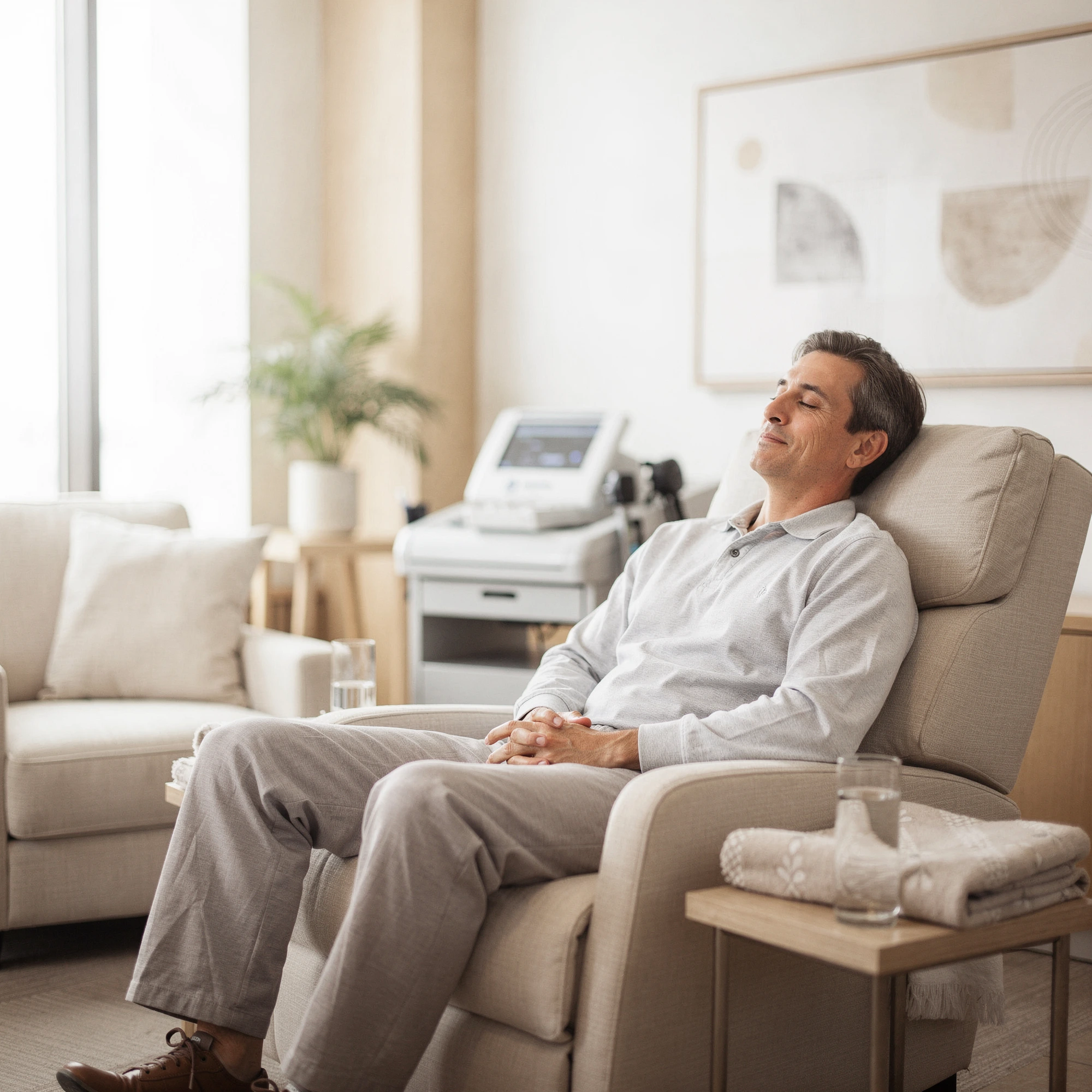 Man resting in a comfortable chair in a medical office with diagnostic equipment visible in the background